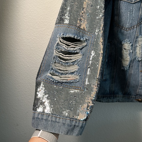 Macaron Distressed Denim Jacket With Sequin Sleeves (Size S) - Picture 12 of 12
